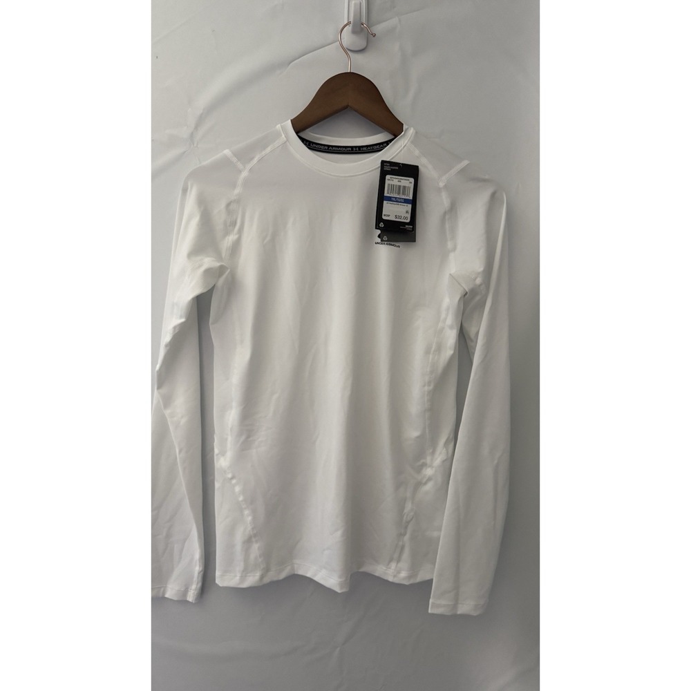 Under Armour UA HeatGear Armour LS Boys White Fitted Crew Neck Long Sleeve Tee